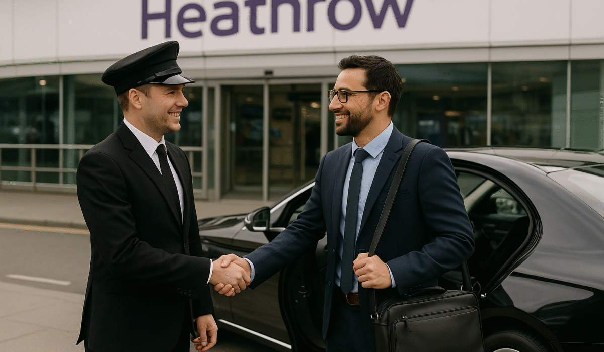 chauffeur greeting a passenger at Heathrow Airport